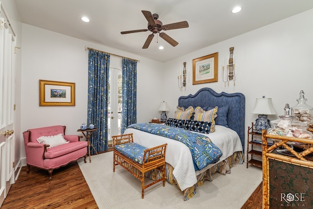 bedroom featuring recessed lighting, a ceiling fan, and wood finished floors