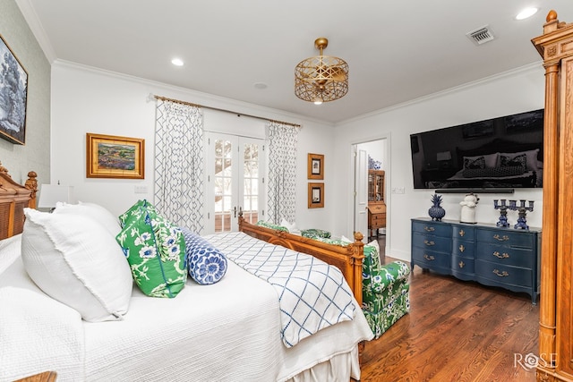 bedroom featuring visible vents, recessed lighting, dark wood-type flooring, french doors, and crown molding