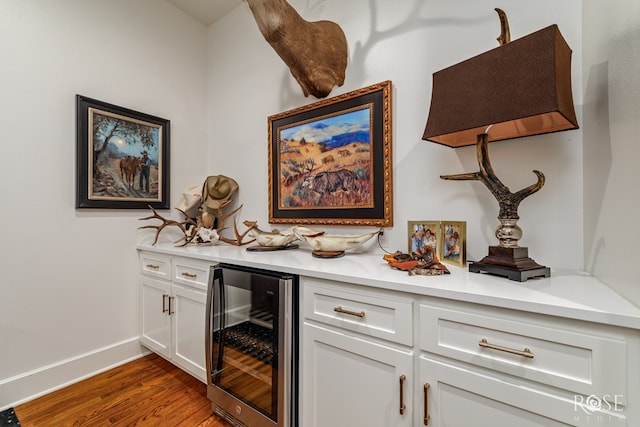 details featuring a bar, wine cooler, wood finished floors, and baseboards