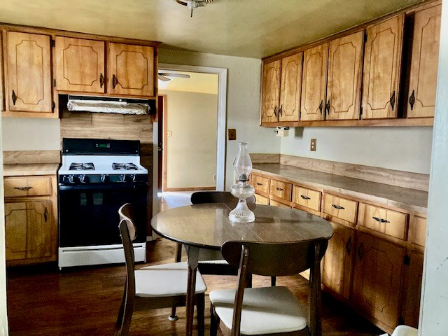 kitchen with dark hardwood / wood-style floors and range with gas cooktop