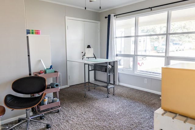 office with crown molding, a healthy amount of sunlight, and carpet flooring