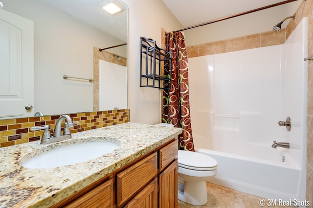 full bath with tile patterned flooring, toilet, vanity, backsplash, and shower / bath combination with curtain