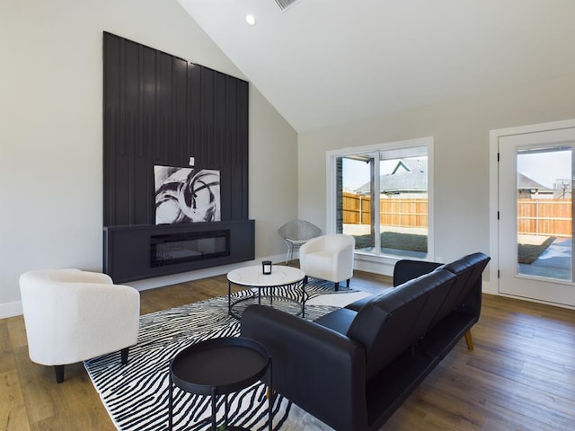 living room with a large fireplace, lofted ceiling, and wood-type flooring