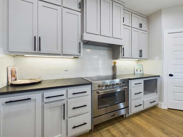 kitchen with high end stainless steel range, backsplash, and light hardwood / wood-style flooring