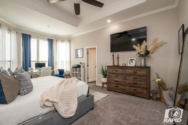 bedroom with ornamental molding, a ceiling fan, carpet floors, and a tray ceiling