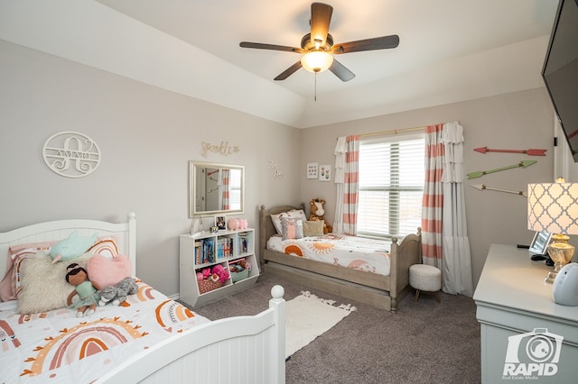 bedroom with ceiling fan and carpet flooring