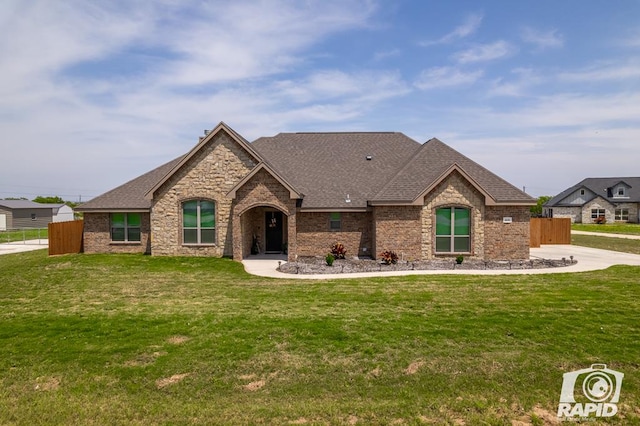 view of front of home with a front lawn, a shingled roof, brick siding, and fence