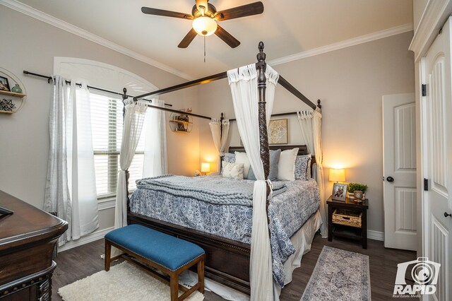 bedroom featuring crown molding, ceiling fan, wood finished floors, and baseboards