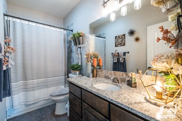 full bathroom featuring shower / bath combo, vanity, and toilet