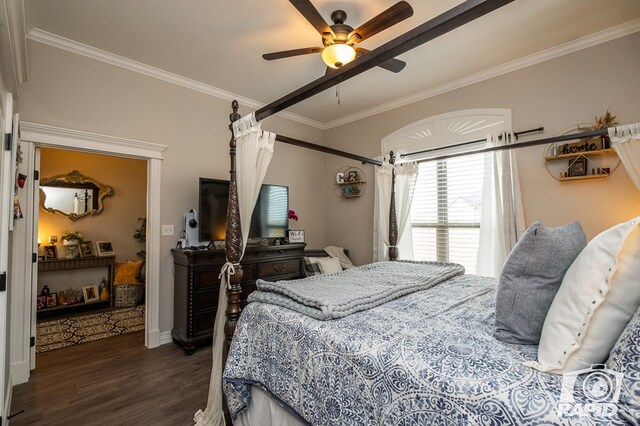 bedroom with baseboards, wood finished floors, a ceiling fan, and ornamental molding