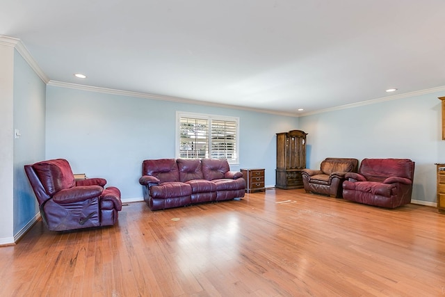 living room featuring crown molding and light hardwood / wood-style flooring