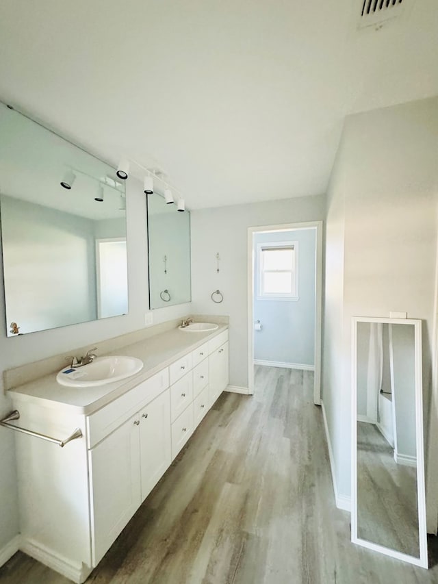 bathroom with vanity and hardwood / wood-style floors