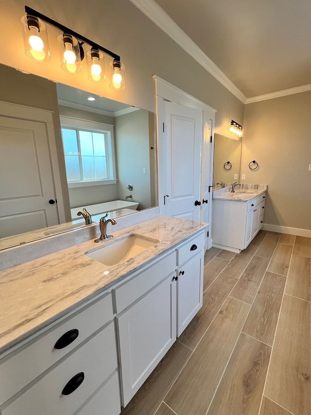 bathroom featuring vanity, ornamental molding, and a bathing tub