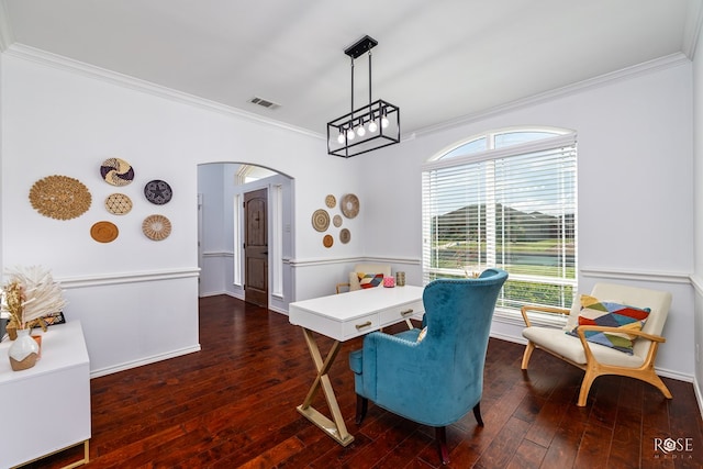 home office featuring ornamental molding and dark hardwood / wood-style flooring