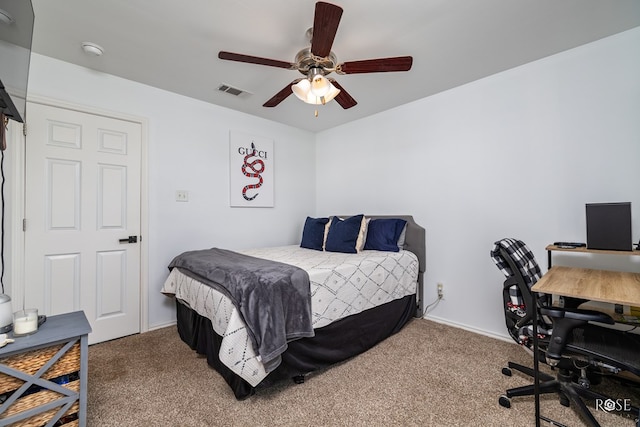 bedroom featuring ceiling fan and carpet flooring