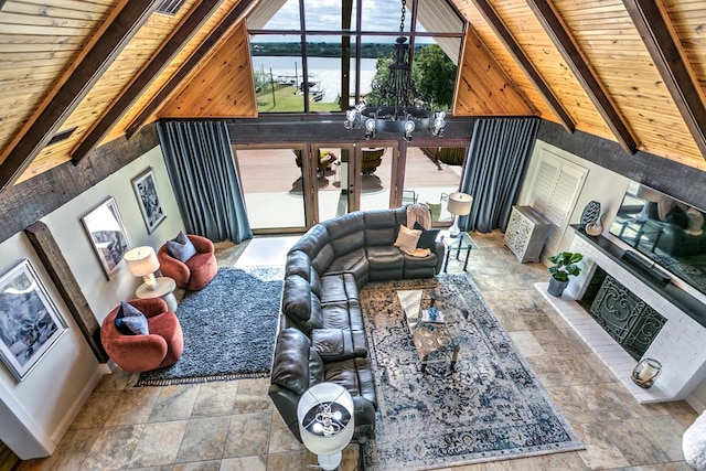 living room featuring a water view, wood ceiling, high vaulted ceiling, and beamed ceiling