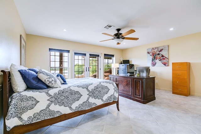 tiled bedroom featuring access to outside, ceiling fan, and french doors