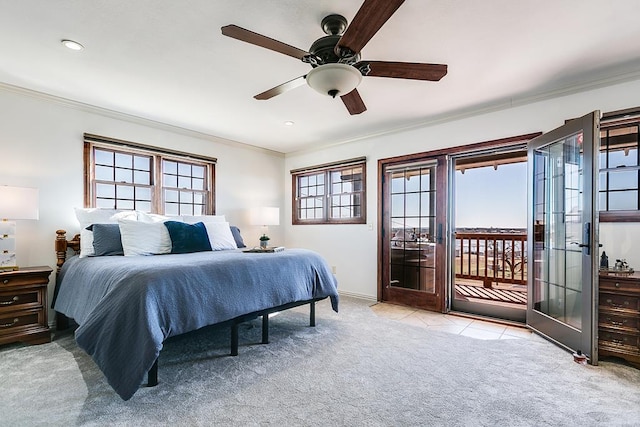 bedroom featuring light carpet, access to exterior, crown molding, and ceiling fan