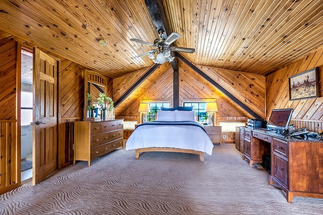 carpeted bedroom featuring vaulted ceiling, wood ceiling, and wood walls