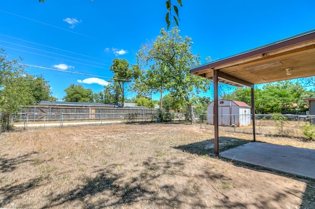 view of yard featuring a patio and a storage unit