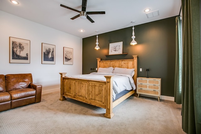 2118 Valleyview Dr, San Angelo, TX 76904 - bedroom featuring light carpet, recessed lighting, and ceiling fan