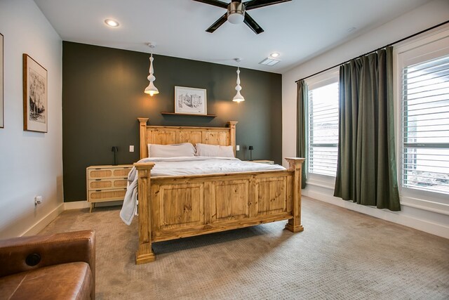 2118 Valleyview Dr, San Angelo, TX 76904 - bedroom with light carpet, recessed lighting, and a ceiling fan