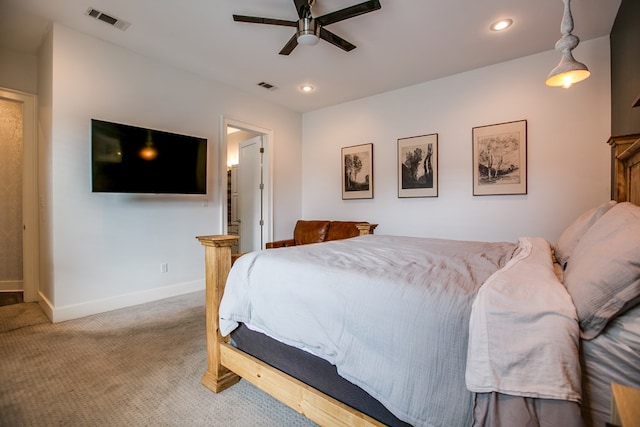 2118 Valleyview Dr, San Angelo, TX 76904 - bedroom featuring carpet flooring, recessed lighting, ceiling fan, and ensuite bath