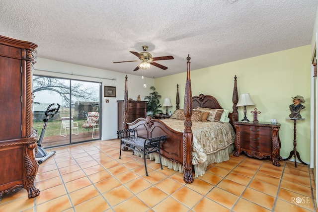 bedroom featuring access to exterior, a textured ceiling, ceiling fan, and light tile patterned flooring