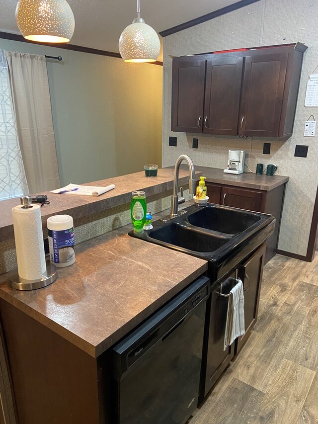 kitchen with hanging light fixtures, dark brown cabinets, light hardwood / wood-style flooring, and black dishwasher