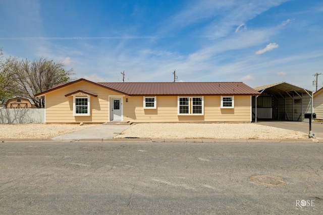 307 E 12th St, Big Lake, TX 76932 - ranch-style house with a detached carport, fence, and metal roof