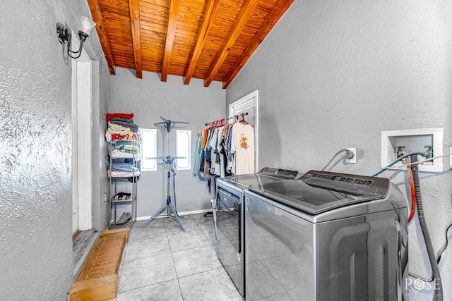 2318 Dallas St, San Angelo, TX 76901 - laundry room featuring laundry area, washer and clothes dryer, a textured wall, and wood ceiling