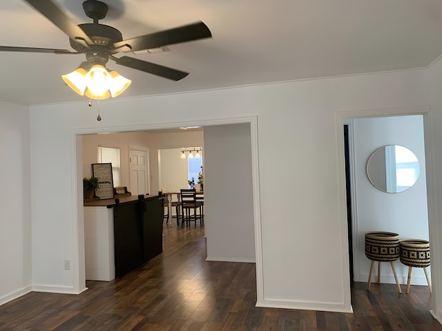 interior space featuring ceiling fan and dark hardwood / wood-style flooring