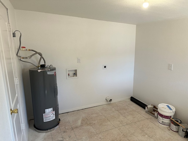 washroom with hookup for an electric dryer, hookup for a washing machine, and water heater