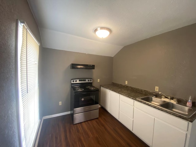 1001 S David St, San Angelo, TX 76903 - kitchen with electric range, a sink, dark countertops, dark wood-type flooring, and ventilation hood