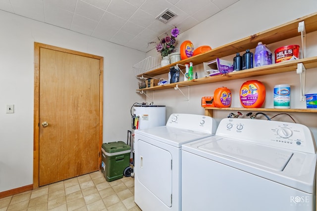 laundry room with water heater and washing machine and clothes dryer