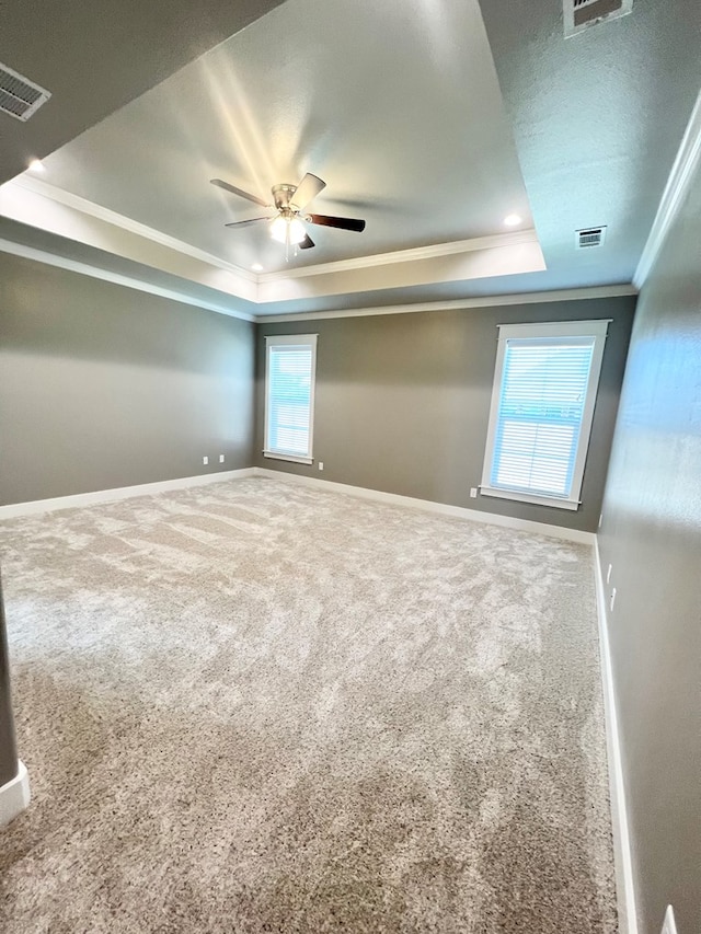 carpeted spare room featuring crown molding, a raised ceiling, and ceiling fan