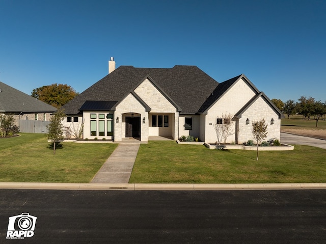 french country inspired facade with a front yard