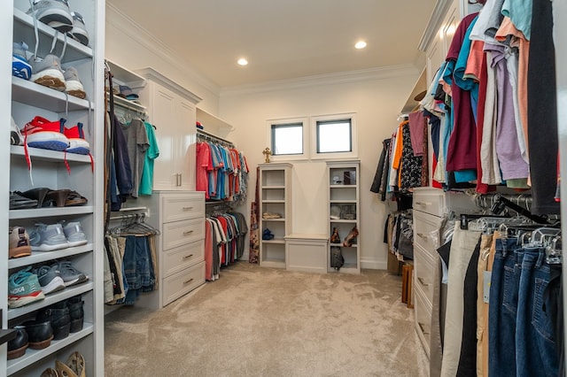 walk in closet with light colored carpet