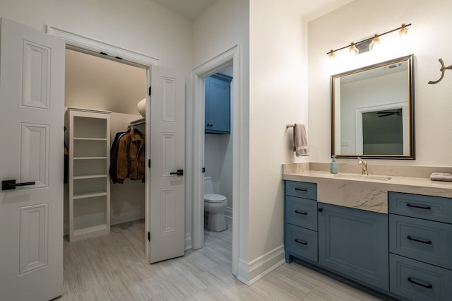 bathroom featuring vanity, wood-type flooring, and toilet