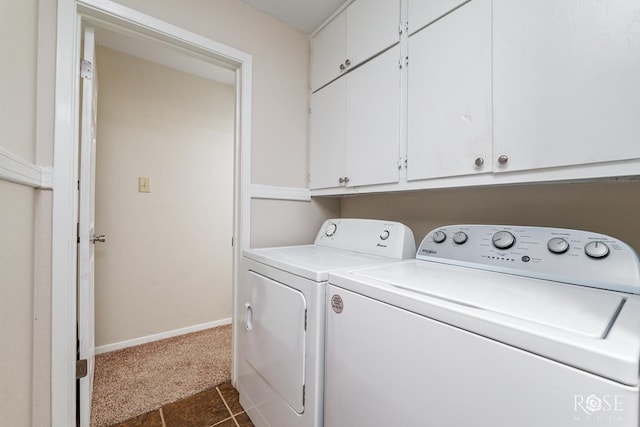 1726 S Park St, San Angelo, TX 76901 - clothes washing area with baseboards, cabinet space, dark colored carpet, and washer and clothes dryer