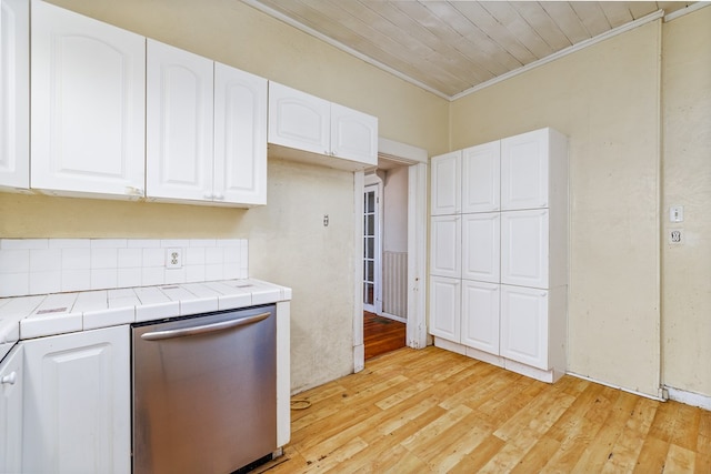 kitchen with tile countertops, dishwasher, light hardwood / wood-style flooring, and white cabinets