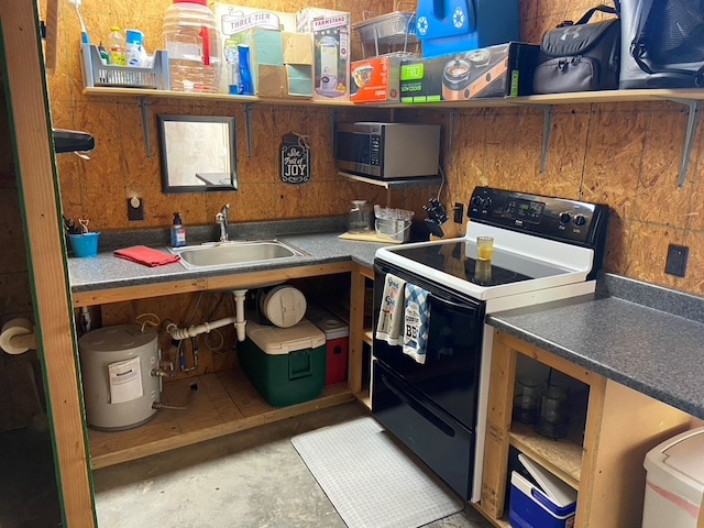 11725 Little Sorrel Trl, San Angelo, TX 76904 - kitchen featuring a sink, electric stove, stainless steel microwave, concrete floors, and open shelves