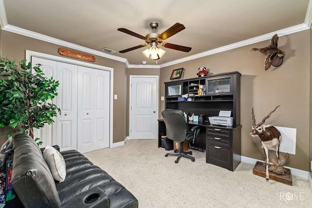 5531 Woodbine Ln, San Angelo, TX 76904 - carpeted home office with a ceiling fan, baseboards, and ornamental molding