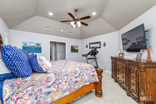 5531 Woodbine Ln, San Angelo, TX 76904 - bedroom with lofted ceiling, light colored carpet, ceiling fan, recessed lighting, and baseboards