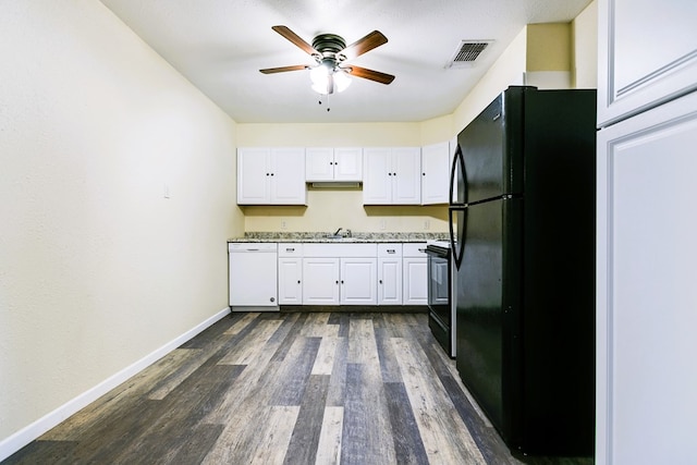 2818 Abilene St, San Angelo, TX 76901 - kitchen featuring black appliances, ceiling fan, baseboards, white cabinetry, and dark wood finished floors