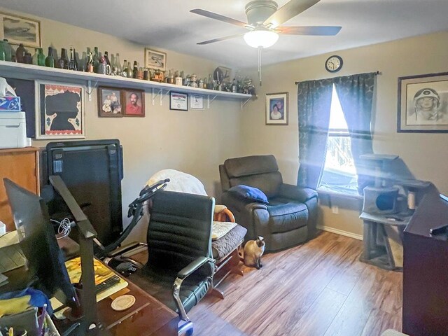 home office with ceiling fan and hardwood / wood-style floors