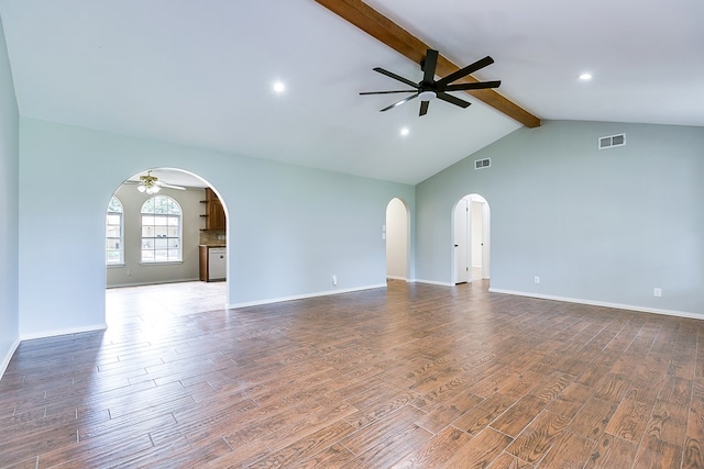 3868 Honeysuckle Ln, San Angelo, TX 76904 - unfurnished living room with a ceiling fan, arched walkways, wood finished floors, baseboards, and recessed lighting