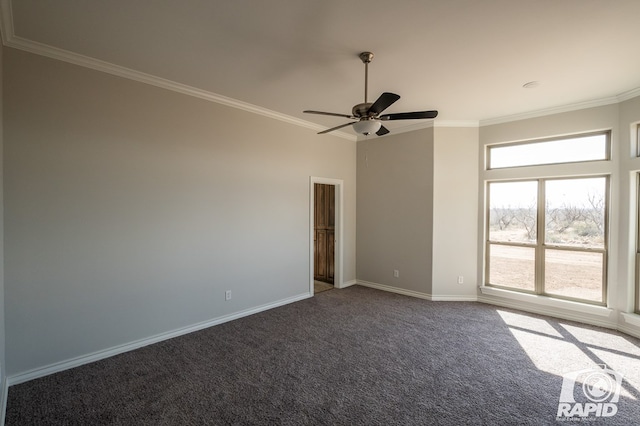 spare room featuring baseboards, carpet, a ceiling fan, and crown molding