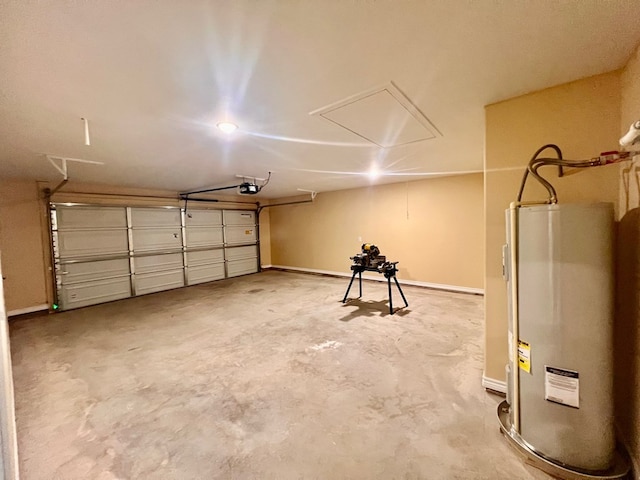 garage with a garage door opener, water heater, and baseboards