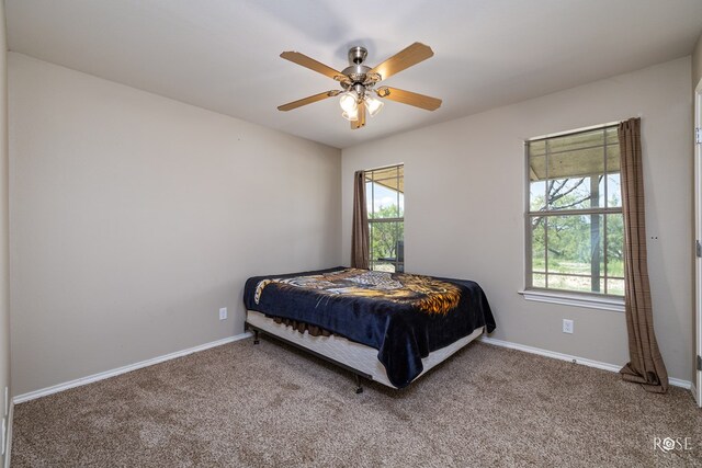 bedroom featuring multiple windows, carpet floors, and ceiling fan